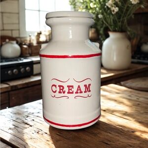 Vintage House Of Webster Ceramic Cream Jar Canister White Red Country Farmhouse